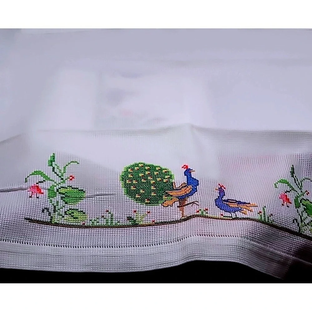 Vintage Peacock Cross Stitch Tea Towels‎ Set of 3 White Cotton Guest Linens Boho